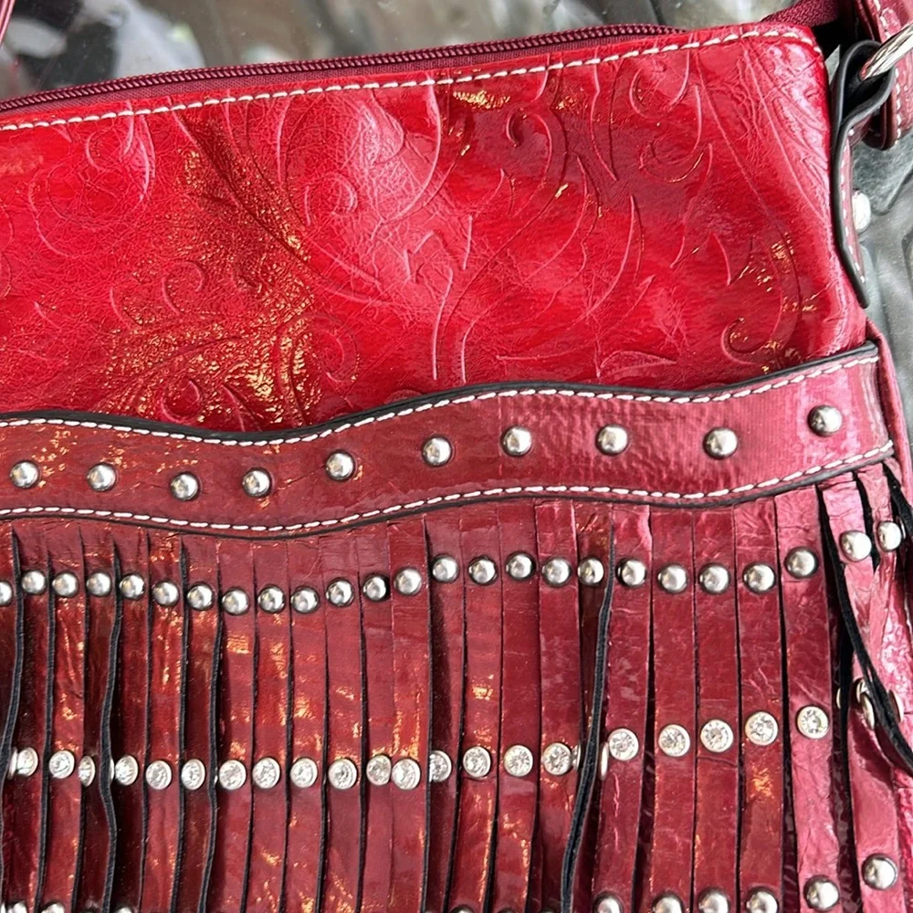 Western Faux Leather Fringe Purse‎ Rhinestones Studded Embossed Cowgirl Red